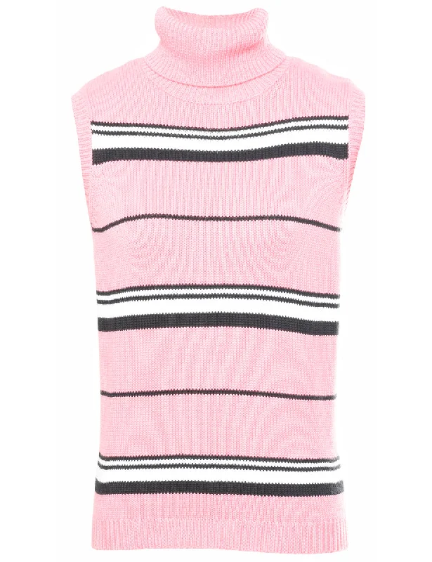 Roll Neck Striped Sweater Vest - M Cool Women's Distressed