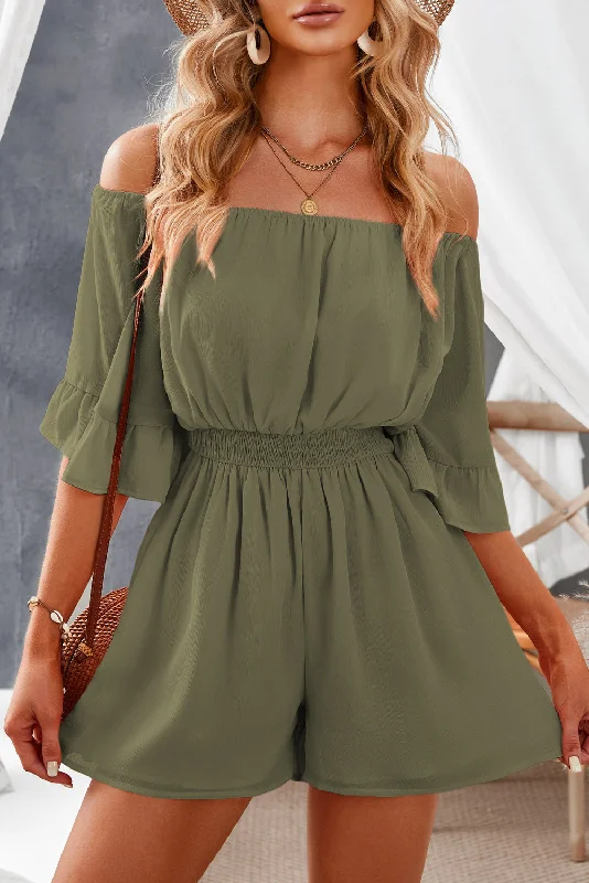 Off-Shoulder Smocked Waist Flounce Sleeve Romper Rugged Women's Outdoor 