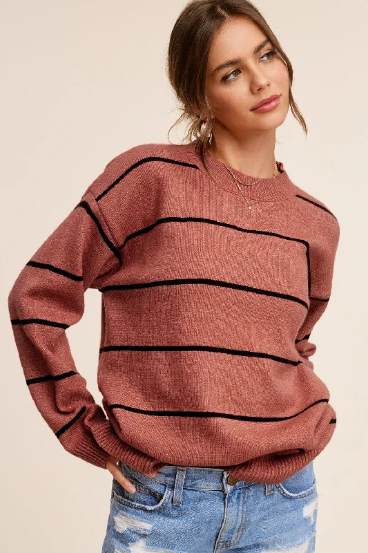 Rust Striped Mock Neck Sweater Hip Women's Retro