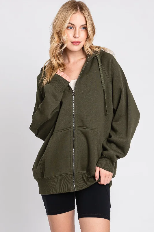 Olive Front Zipper Hooded Sweater Artistic Women's Avant - 