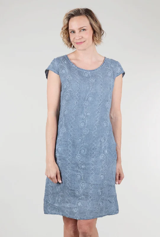 Linen Ribbed Back Panel Dress, Indigo/Embroidery Elegant Women's Formal 