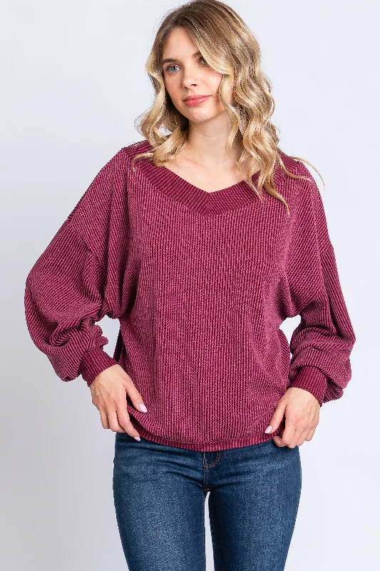 Burgundy Ribbed V-Neck Cropped Sweater French