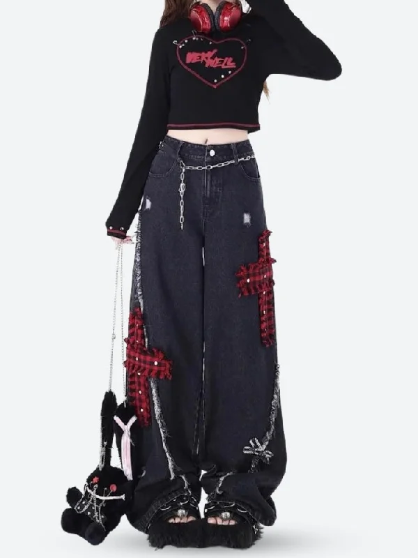 Grunge Plaid Cross Patch Jeans Australian Beach