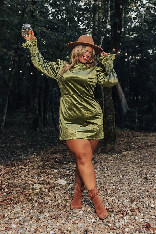 Fashionably Late Velvet Mini Dress In Olive Curves Geometric