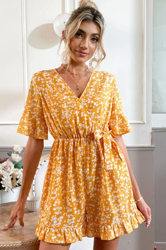 Printed Surplice Neck Ruffled Romper Modern Women's Tech