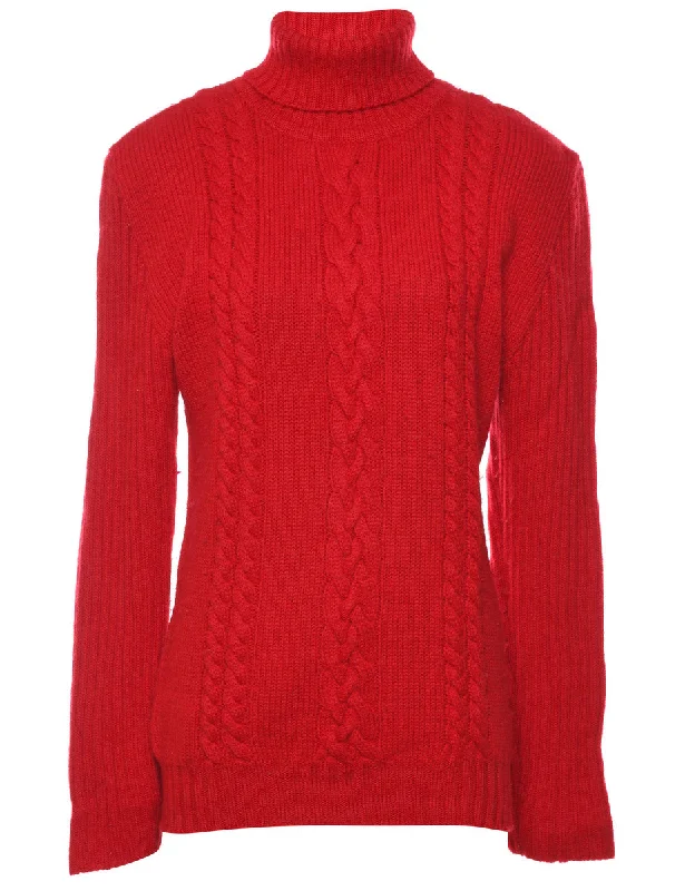 Red Polo Neck Jumper - L Relaxed Women's Beachy