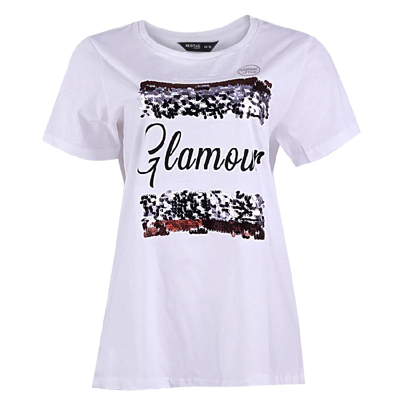 REDTAG Women's White Casual T-Shirts Geometric