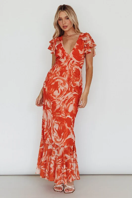Lydiah Ruffle Sleeve Maxi Dress Floral Orange Dynamic Women's High - energy