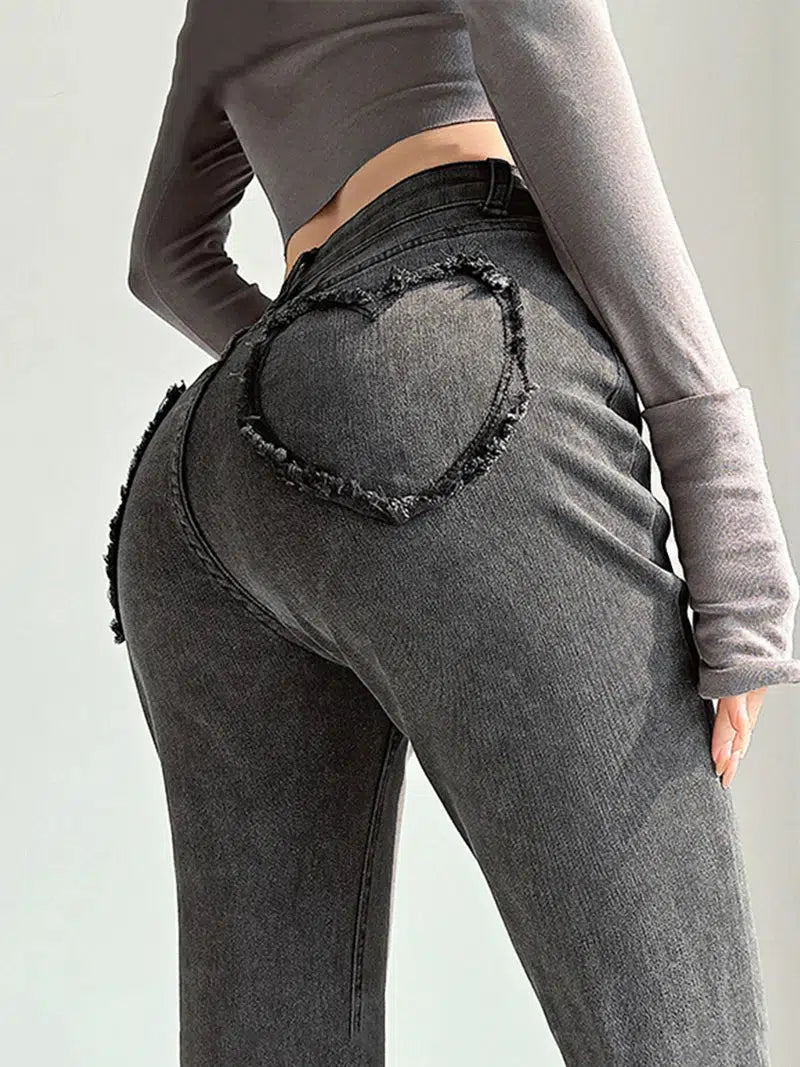 Heart Pocket Flare Jeans Laid - back Women's Vibe
