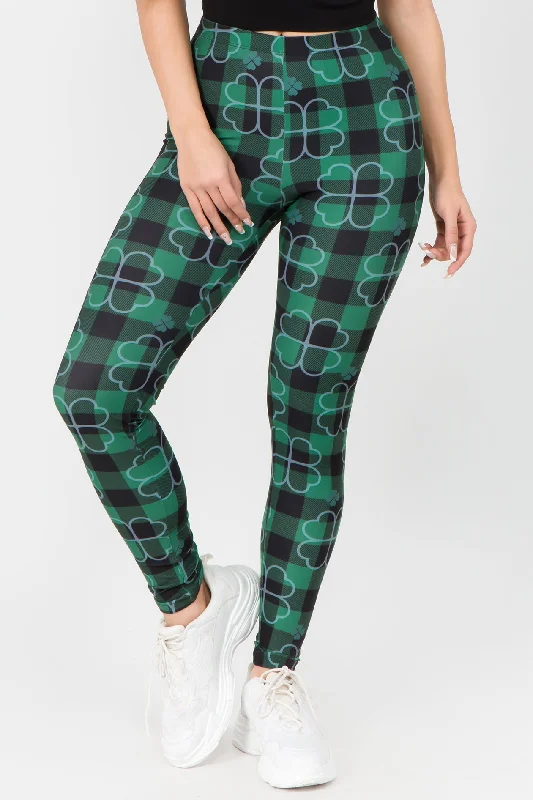 Stay Lucky Plaid 4-Leaf Clover Printed Leggings Cool Women's Distressed