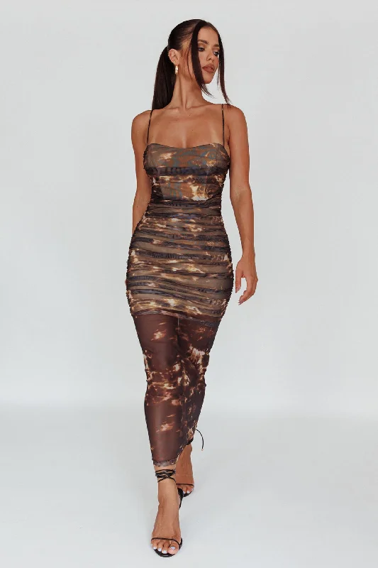 Logan Strapless Ruched Midi Dress Brown Laid - back Women's Style