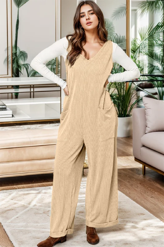 Ribbed V-Neck Wide Leg Jumpsuit with Pockets Earthy Women's Hemp - based