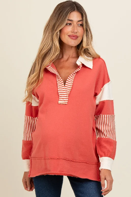 Rust Colorblock Stripe Maternity Polo Pullover Top Practical Women's Multi - 