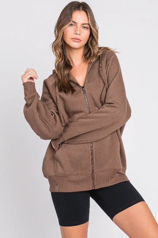 Brown Front Zipper Hooded Sweater Bold Women's Animal Print