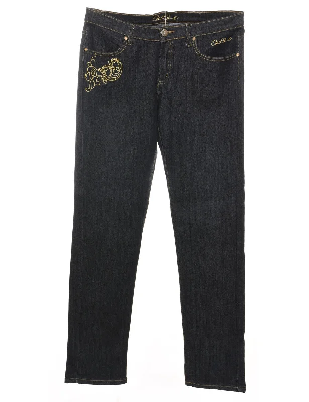Black Embroidered Y2K Style Jeans - W34 L30 Elegant Women's 