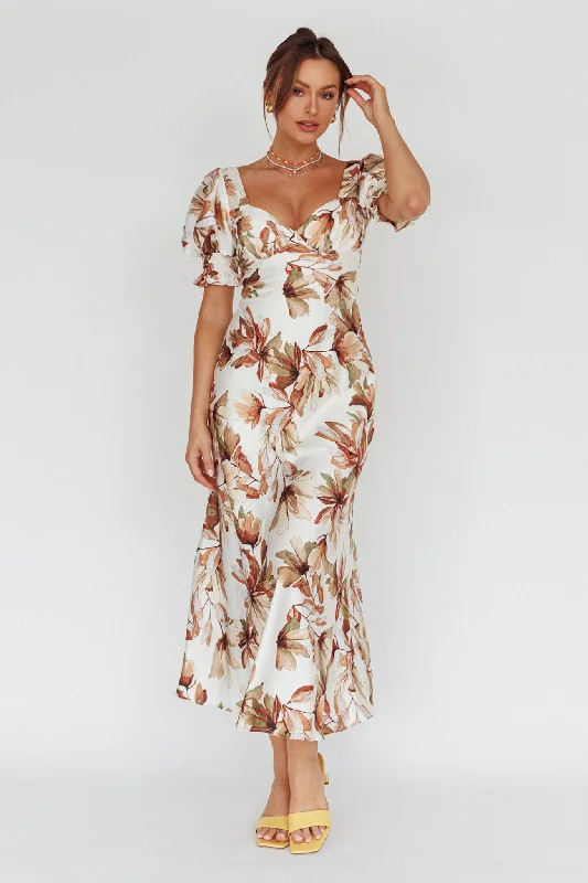 Brigita Tied Back Midi Dress Floral Brown Earthy Women's 