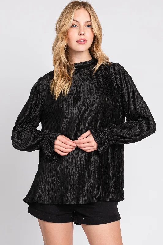 Black Textured Mock Neck Blouse Women