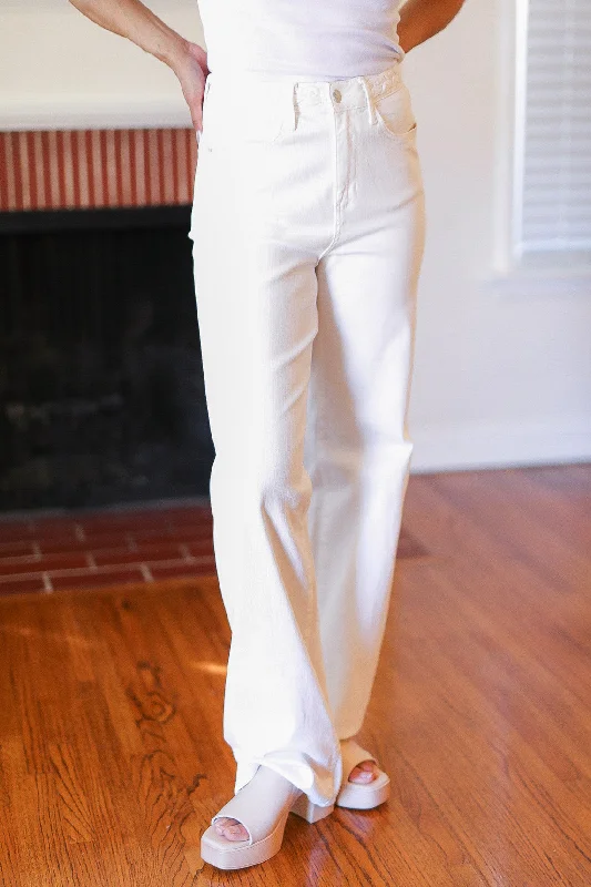Judy Blue High Waist Braided Waist Wide Leg Jeans White Feminine Women's Soft 