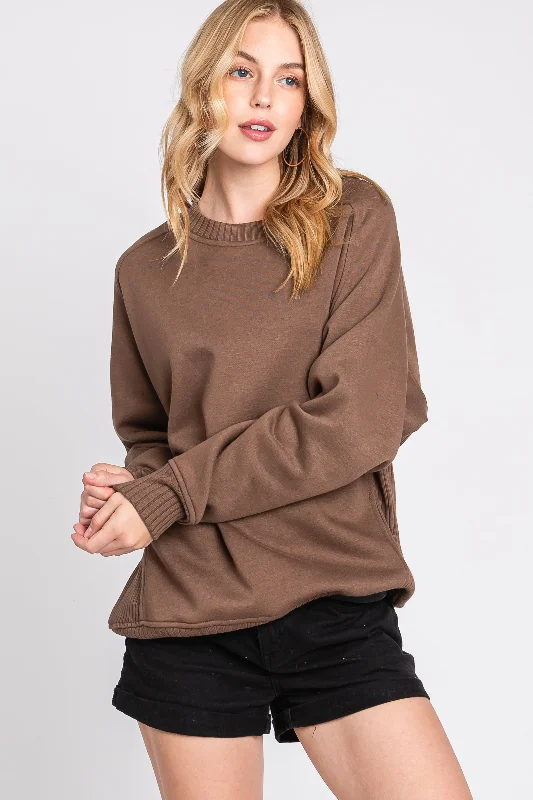 Brown Pullover Terry Crewneck Relaxed Women's Beachy