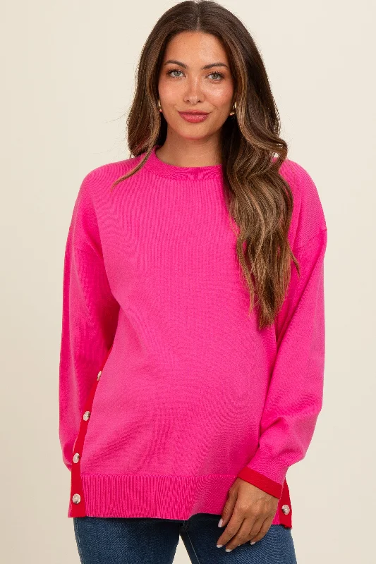 Fuchsia Button Up Side Detail Maternity Sweater Laid - back Women's Style