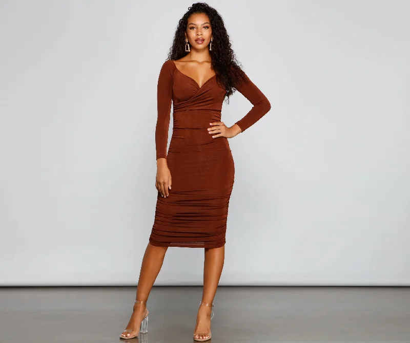 Melissa Long Sleeve Ruched Midi Dress Feminine Women's Soft 
