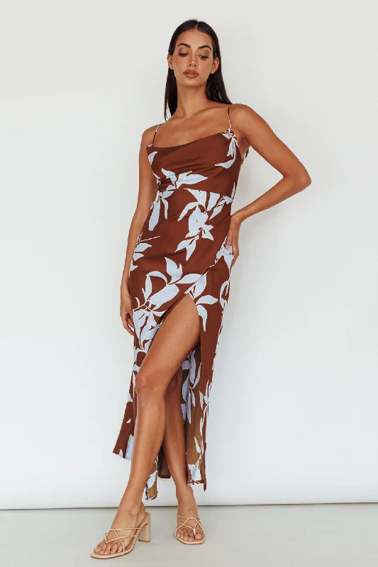Morea Cowl Neck Maxi Dress Floral Brown Stylish Women's Tropical 