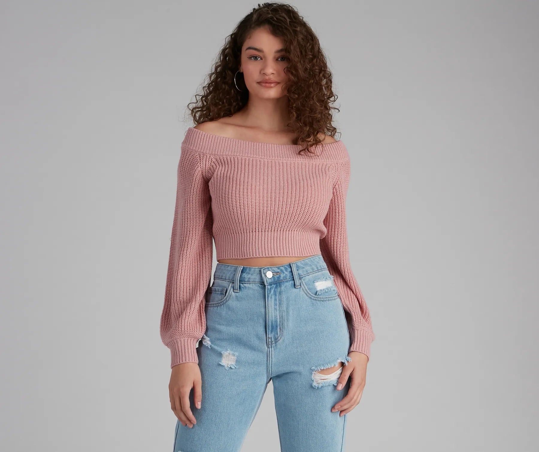 Stay Cute Off-the-Shoulder Sweater Disco
