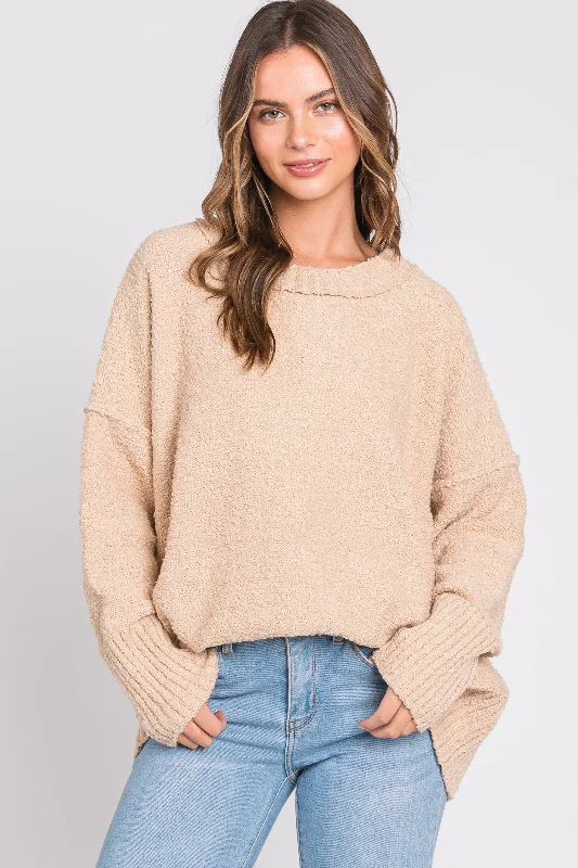 Beige Knit Exposed Seam Sweater Refined Women's Hand - crafted