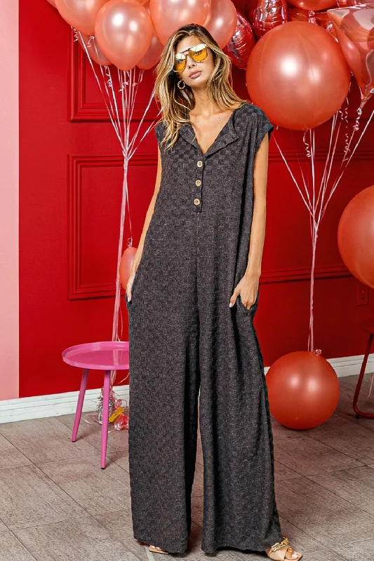 BiBi Checkered Cap Sleeve Wide Leg Jumpsuit with Pockets Sophisticated Women's 