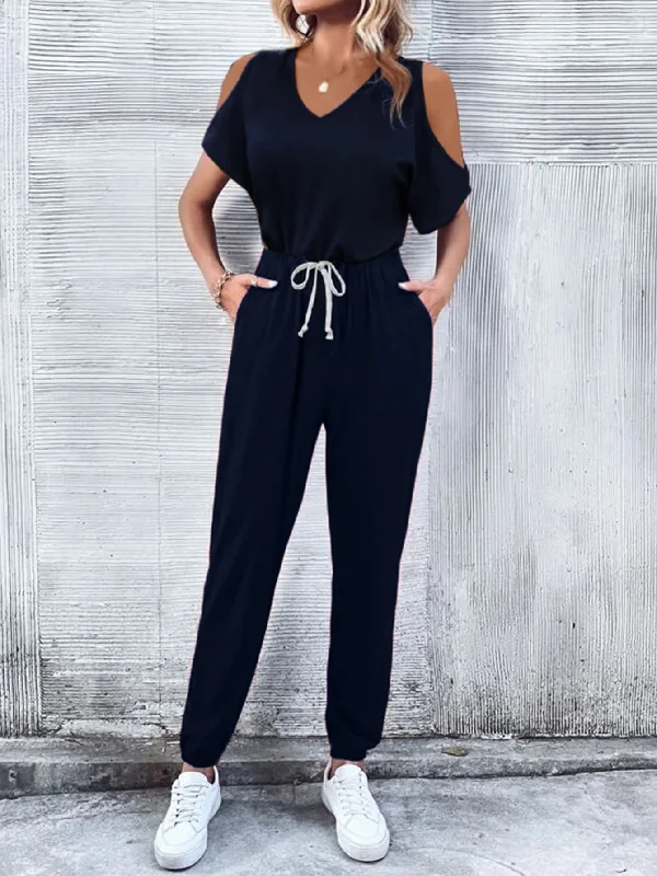 V-Neck Cold-Shoulder Jumpsuit with Pockets Sleek Women's 