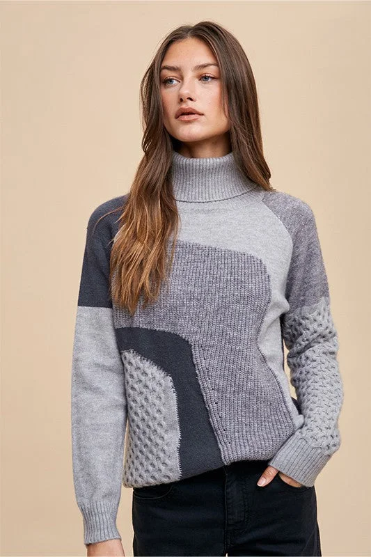 Grey Combo Turtleneck Multi Pattern Mixed Sweater Top Geometric