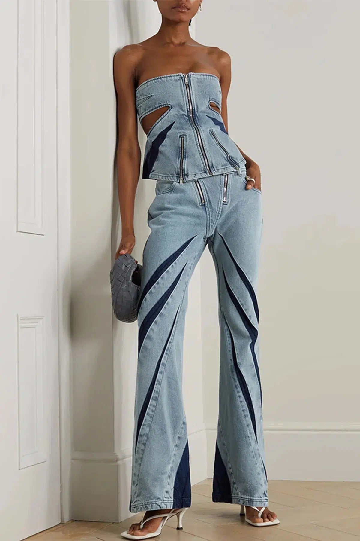 Denim Cut Out Tube Top & Patch Jeans Two Piece Set Relaxed Women's Beachy