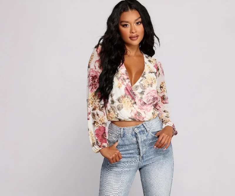 Floral Rush Surplice Mesh Top Street
