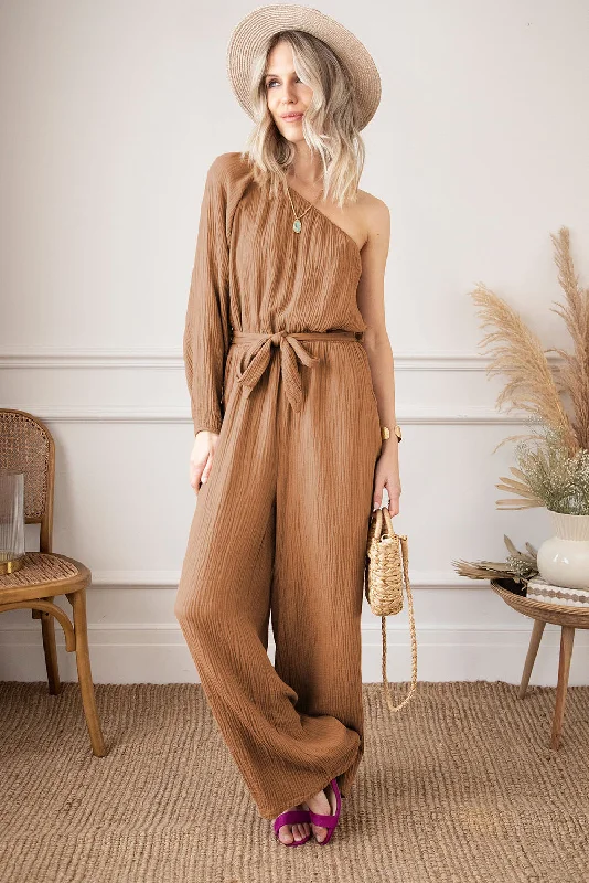 Texture Single Shoulder Tie-Waist Jumpsuit Business