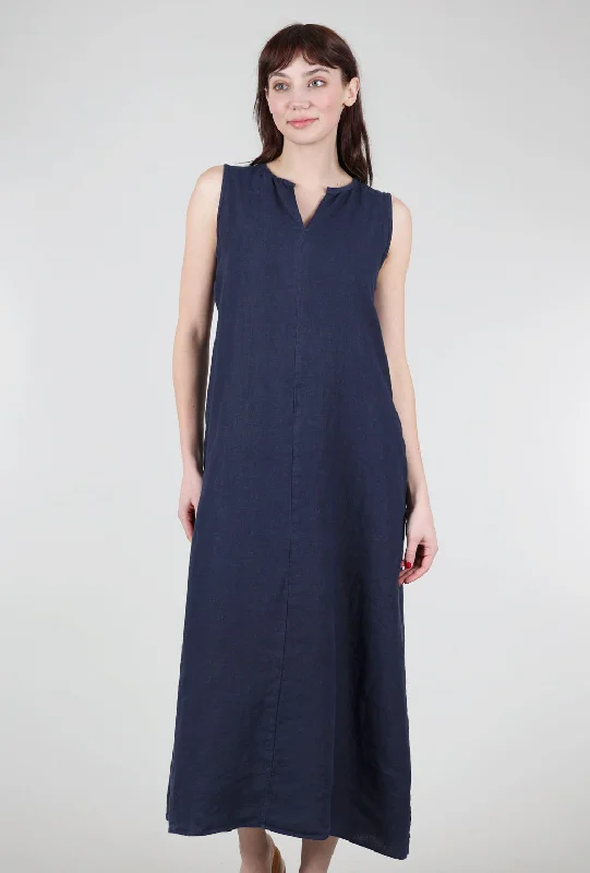 Linen Split-Neck Maxi Dress, Nightsky Refined Women's Hand - crafted
