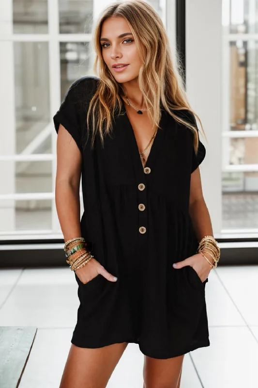 Pocketed V-Neck Short Sleeve Romper Hip Women's Retro