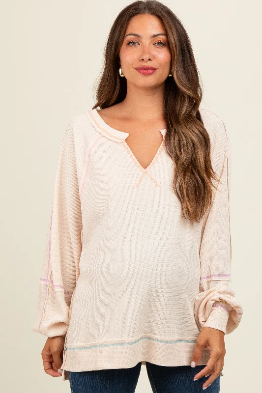 Cream Split Neck Oversized Maternity Long Sleeve Top Rugged Women's Outdoor 