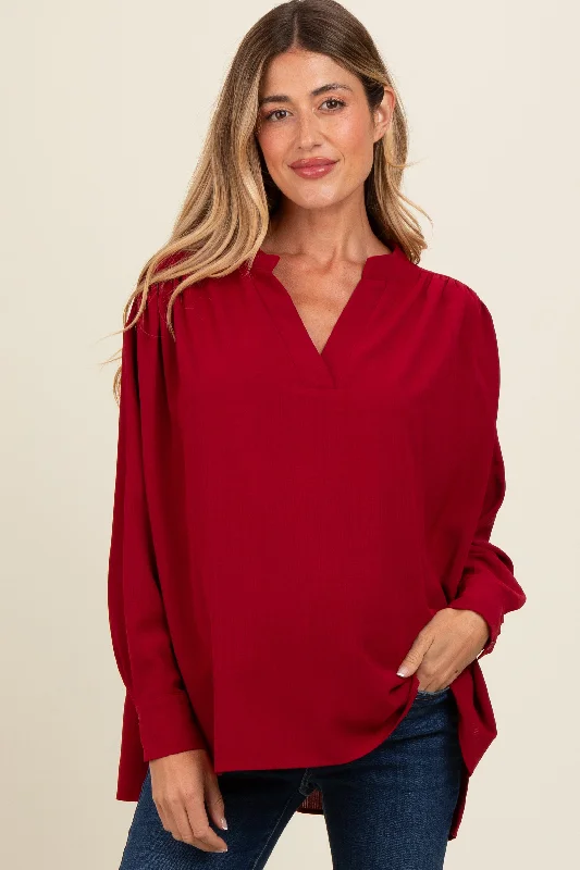 Burgundy V-Neck Maternity Oversized Blouse Adventure