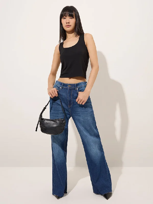 Nuon Dark Blue Faded Straight - Fit High - Rise Jeans Stylish Women's Neon