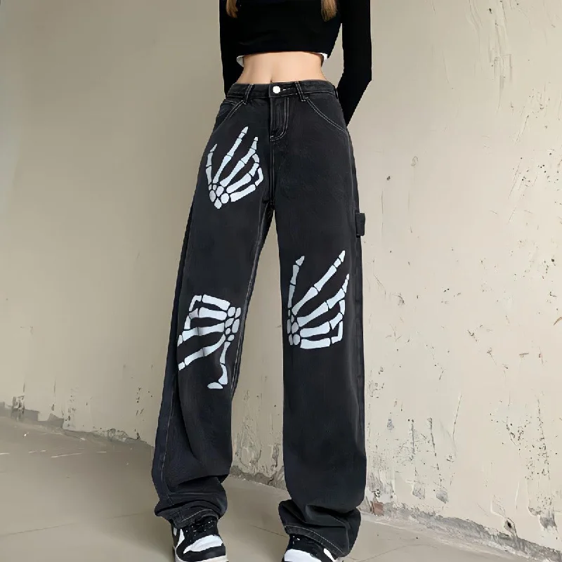 Grunge Skeleton Hand Printed Jeans Feminine Women's Style 