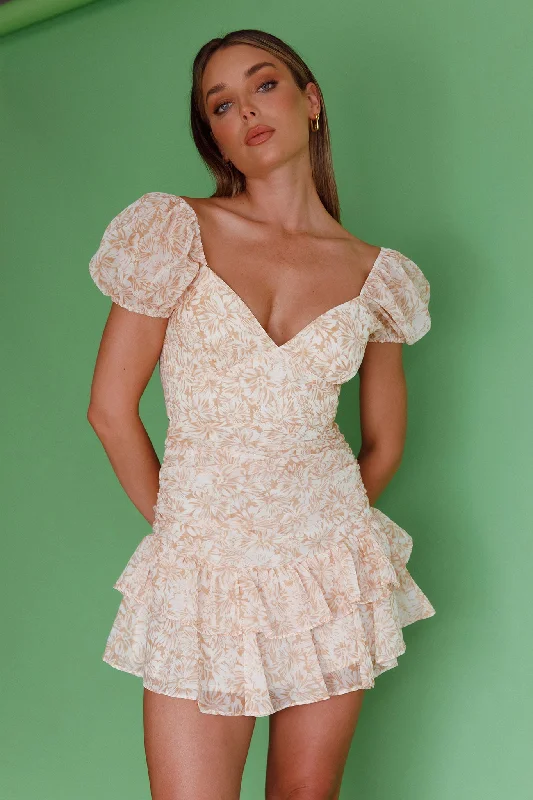 Annabella Puff Sleeve Tied Back Frill Hem Dress Floral Print Orange Refined Women's Classic 