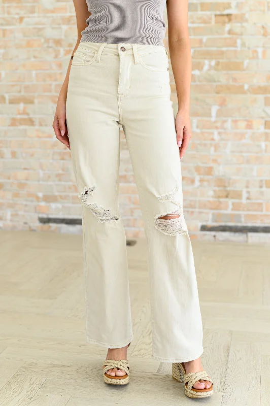 Selena High Rise Distressed 90's Straight Jeans in Bone Polished Women's Silk