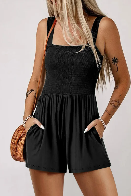 Square Neck Smocked Romper with Pocket Dynamic Women's High - energy