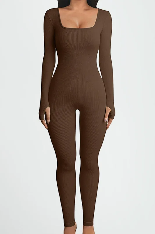 Square Neck Long Sleeve Active Jumpsuit Monochromatic Office Style