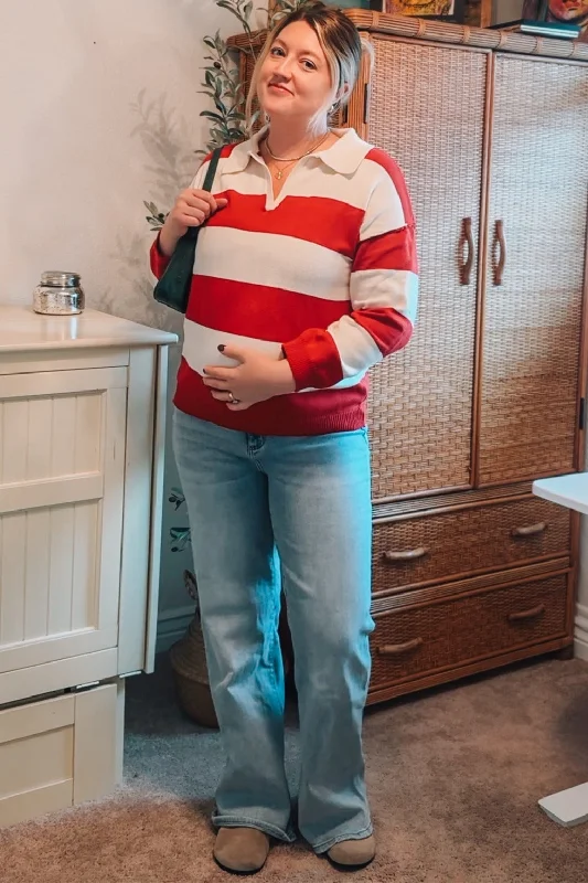 Red Wide Stripe Polo Maternity Sweater Trendy Women's 
