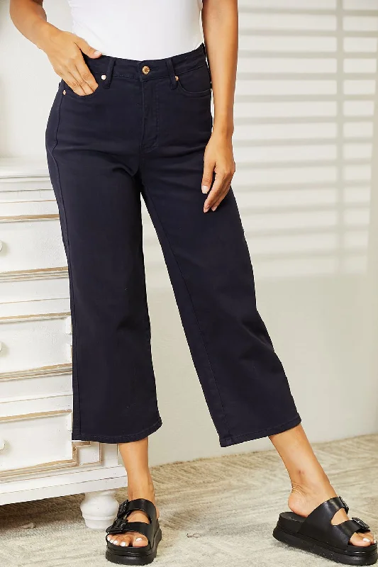 Judy Blue High Waist Tummy Control Wide Crop Leg Jeans Navy performance