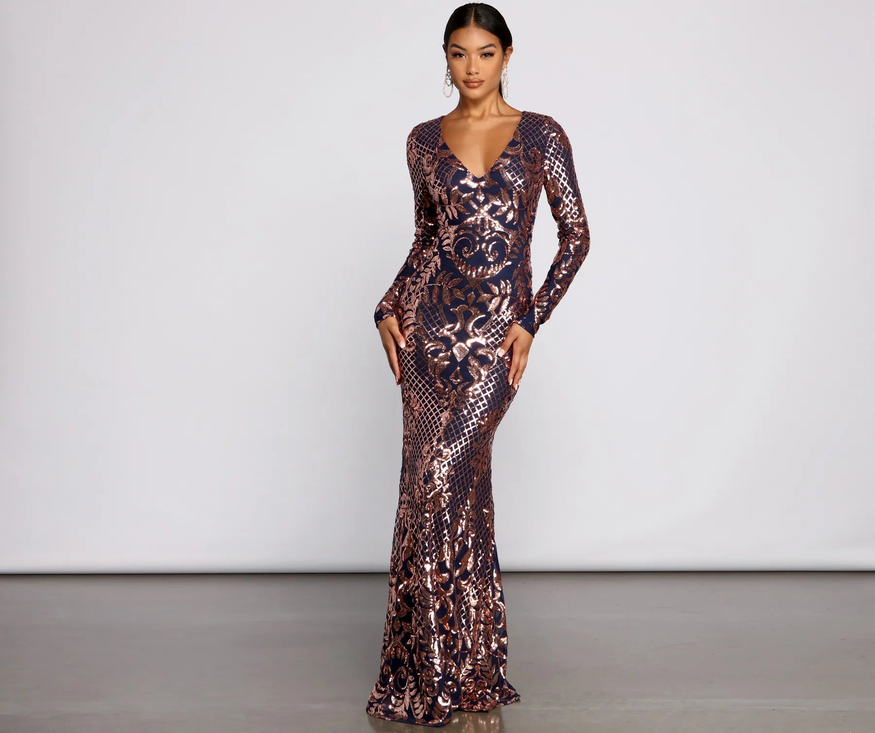 Ayla Formal Long Sleeve Sequin Scroll Dress Luxurious Women's High -  end