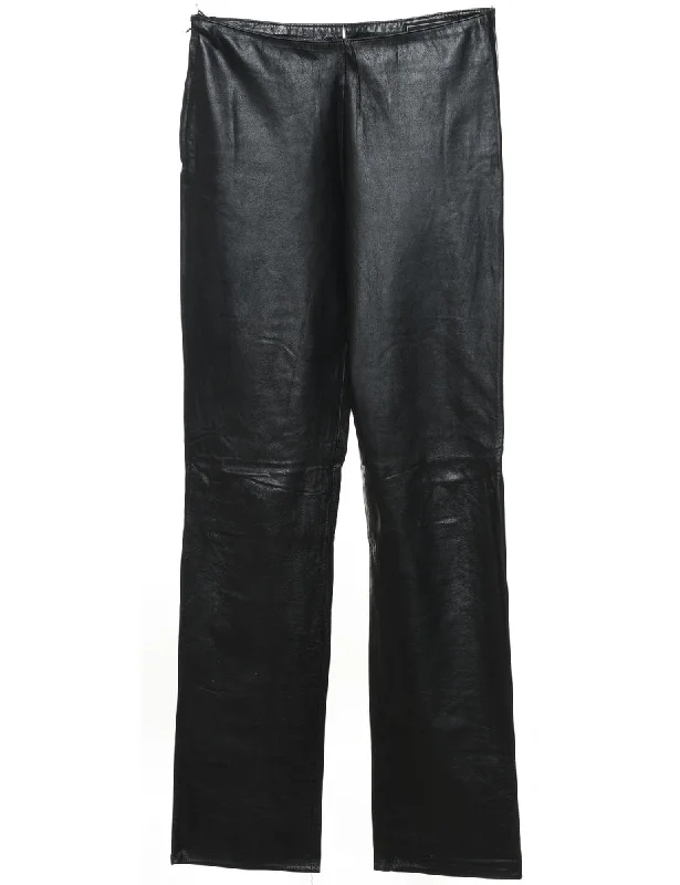 Black Classic Leather Trousers - W26 L32 Polished Women's Silk