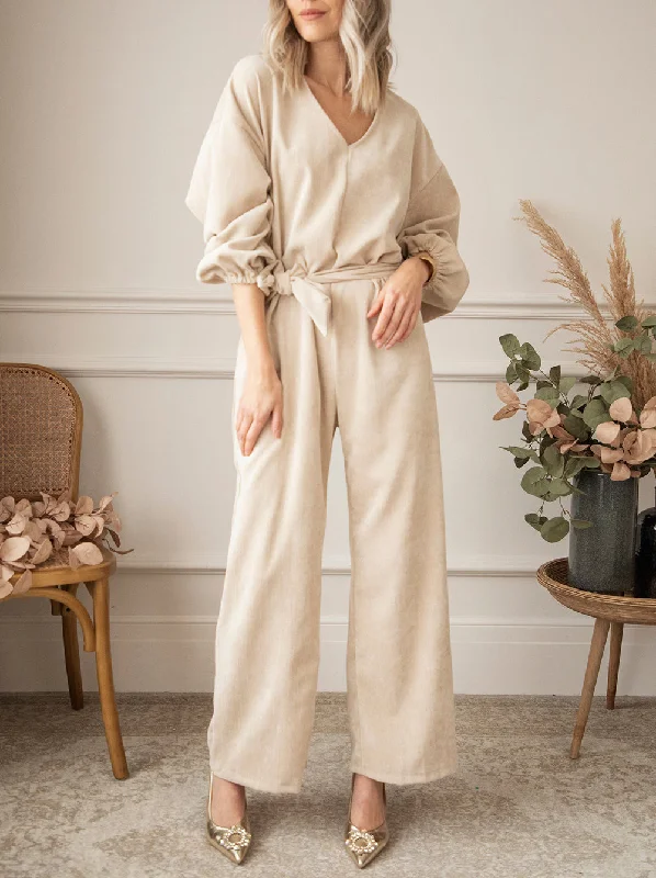V-Neck Tie Waist Wide Leg Jumpsuit Dapper Women's Bow - adorned