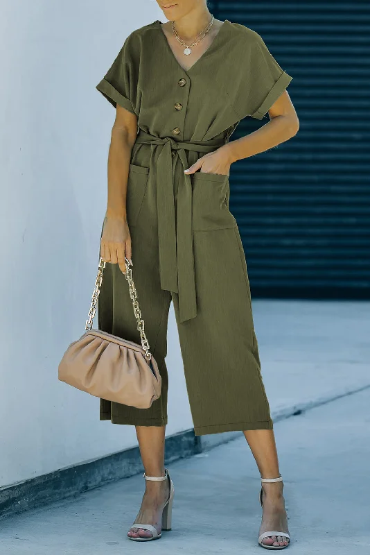 Tie-Waist Buttoned Cropped Jumpsuit Edgy Women's Punk